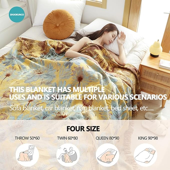 Boho Cotton Throw Blankets for Bed Couch, 100% Soft Cozy Cotton Blanket Rustic Quilt 80"x90",Reversible Muslin Farmhouse Blankets for Armchair,Picnic,Sofa,Couch