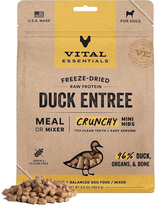 Vital Essentials Freeze-Dried Raw Duck Crunchy Mini Nibs | Complete Meal or Mixer Dog Food | 5.5 oz