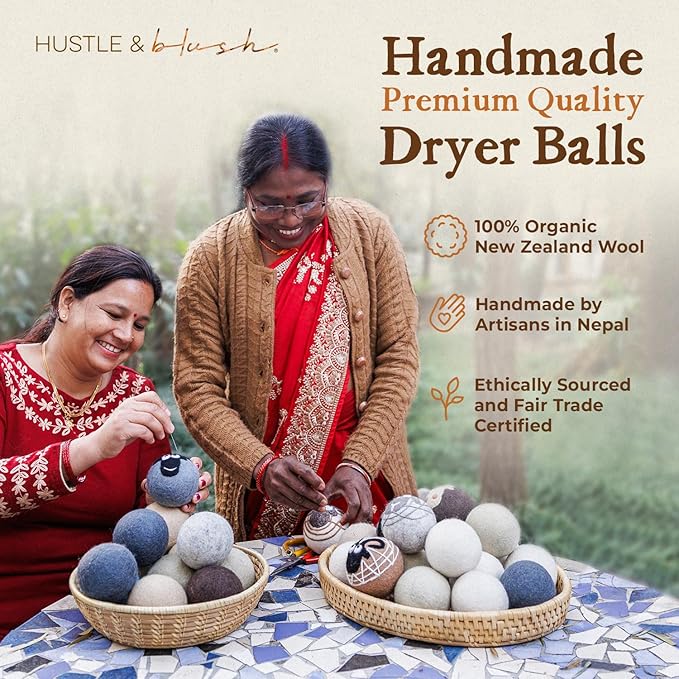Hustle & Blush Fluff Ewes Wool Dryer Balls 3 Pack - XL Darks Premium New Zealand Laundry Set, Reduces Drying Time, Static Control, Chemical Free, Ideal Holiday Gifts for Women & Men