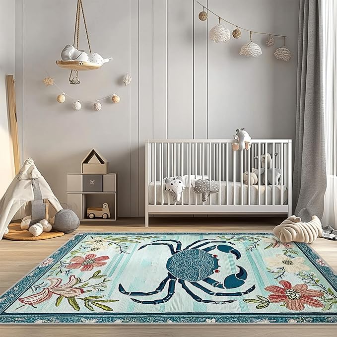 5x7 Crab Area Rugs Boho Teal Rug for Living Room Indoor Soft Non-Slip Thin Large Carpet Floral Flower Rugs for Bedroom Home Decor Under Table Washable Machine