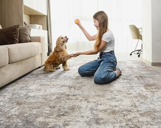 8x10 Area Rug Living Room Rugs - Washable Neutral Modern Abstract Soft Thin Large Rug Indoor Floor No Slip Rug Carpet for Bedroom Under Dining Table Home Office Decor - Brown Grey