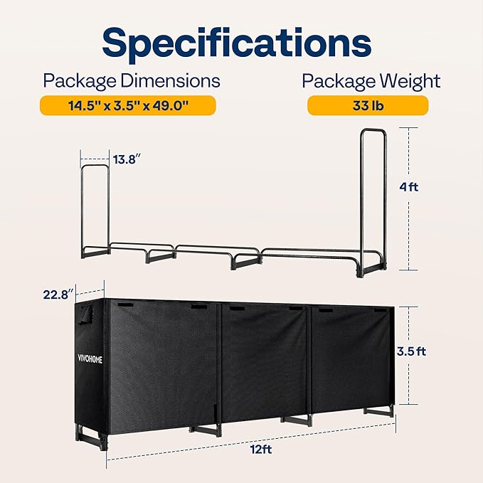 VIVOHOME 12 ft Heavy Duty Firewood Rack Outdoor with Cover, Fire Wood Storage Rack, Log Holder and Cover Combo Set with Zipper, Black