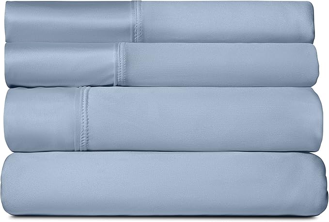 SHEEX - Active Comfort Cooling Sheets Set (Queen) Blue Sky - Moisture Wicking - 1 Flat Cooling Sheet, 1 Fitted Cooling Sheet, 2 Cooling Pillow Covers - Wrinkle Free - Sleep Aid