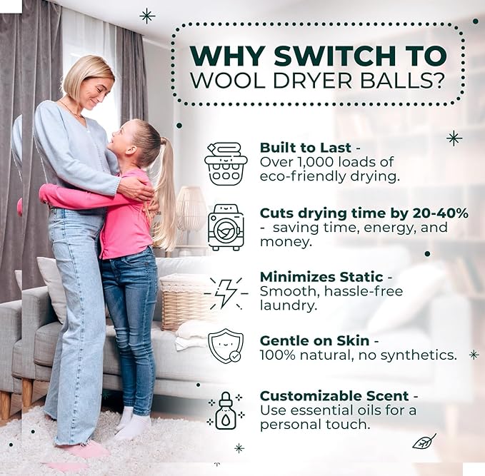No More Dryer Sheets! Reusable Wool Dryer Balls XL 6-Pack - Reduces Static, Cuts Dry Time, & Softens Naturally