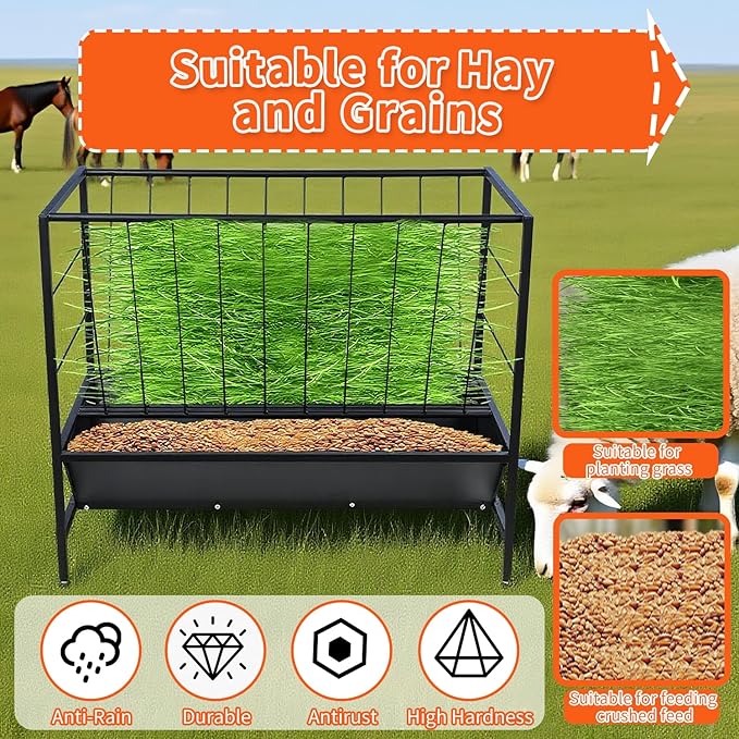Yahpetes Pasture Hay Feeder 2 in 1 Goat Feeder 69 Gallon Capacity Livestock Rack 42.9''L X 20.5''W Hay Grain Livestock Feeder with V-Shaped Top Rack & Feed Pan for Sheep Farms Sheds