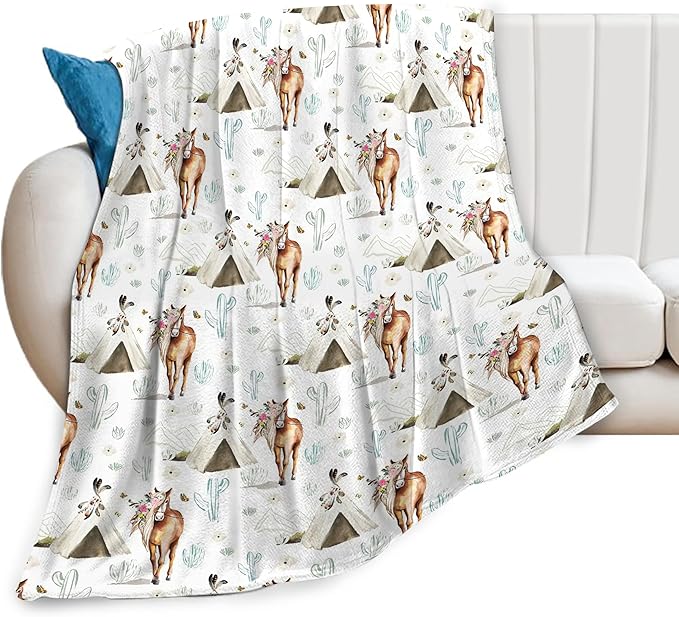 Horse Blanket Rustic Boho Horse Lover Throw Blanket Super Soft Plush Warm Fleece Flannel Western Cactus Decor Gifts for Baby Kids Girls Women Boys for Sofa Couch Bed 40"X50"