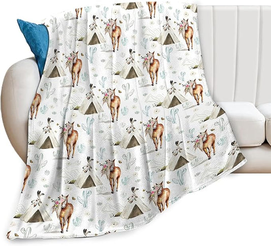 Horse Blanket Rustic Boho Horse Lover Throw Blanket Super Soft Plush Warm Fleece Flannel Western Cactus Decor Gifts for Baby Kids Girls Women Boys for Sofa Couch Bed 50"X60"