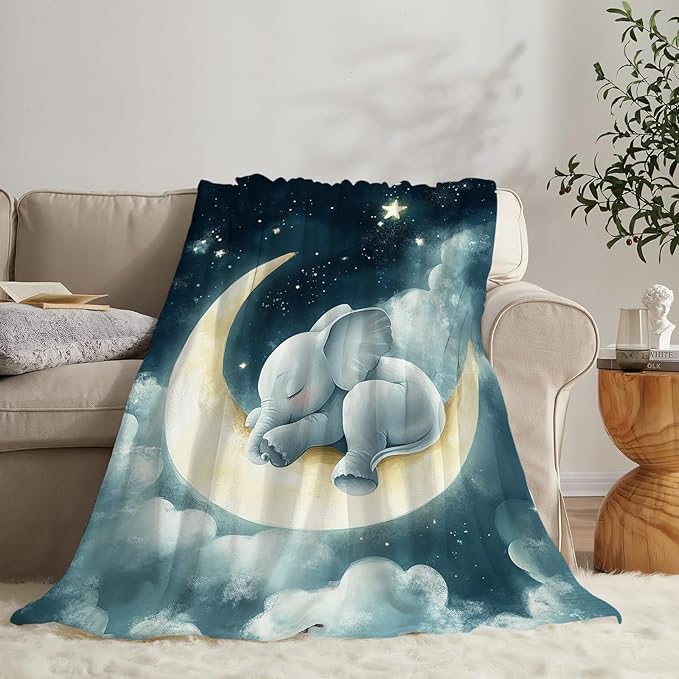 Elephant Throw Blanket Ultra Soft Cozy Cute Elephant on Moon Blanket Fleece Fuzzy Plush Elephant Lovers Decor Gifts for Women Girls Adults Couch Sofa 60"x50"