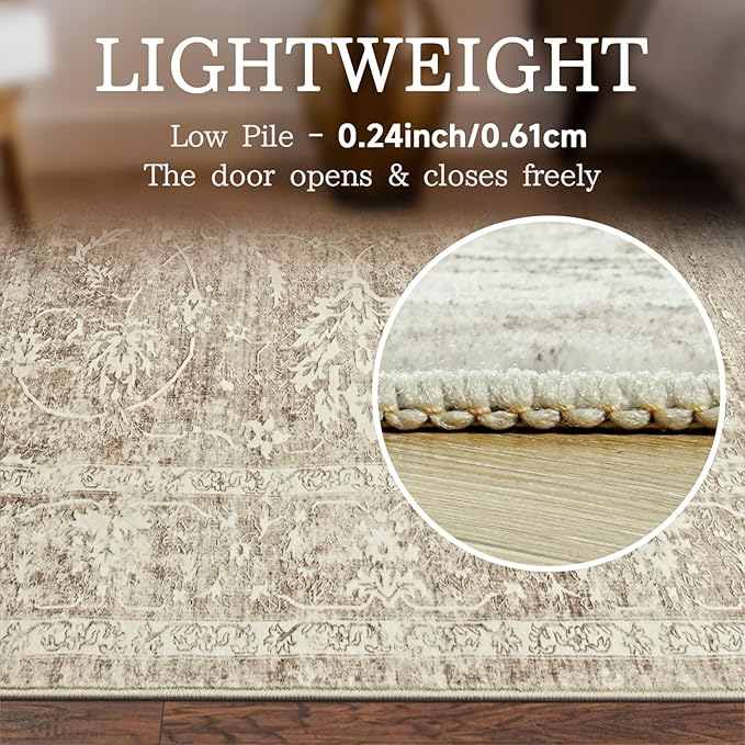 Madane 3x5 Area Rugs for Entryway,Washable Vintage Low Pile Non-Slip Throw Area Rugs, Accent Rug Floral Print Indoor Mat for Bedside Living Room Kitchen Bedroom, Brown/Sand