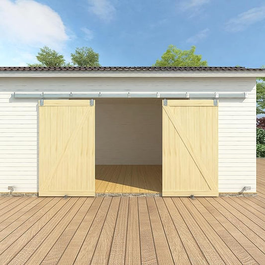 14FT Box Rail Exterior Barn Door Hardware Kit for 2 Doors, Sliding Heavy Duty Barn Door Track, Wall Mount Barn Door Hardware with 9 Track Brackets,Silver(Doors NOT Include)