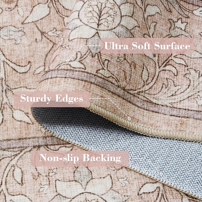 Collive 5x7 Area Rug, Washable Neutral Hand-Painted Floral Living Room Bedroom Rug, Vintage Distressed Boho Non Slip Low Pile Indoor Throw Carpet, Soft Retro Rugs for Dining Room Office, Pink Grey