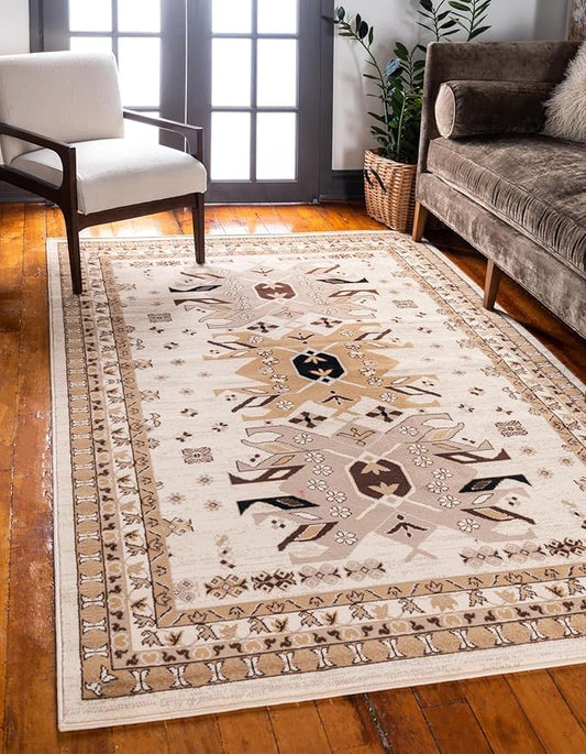 Unique Loom Taftan Collection Border Geometric Tribal Inspired Design Area Rug (4' 0 x 6' 0 Rectangular, Ivory/ Tan)