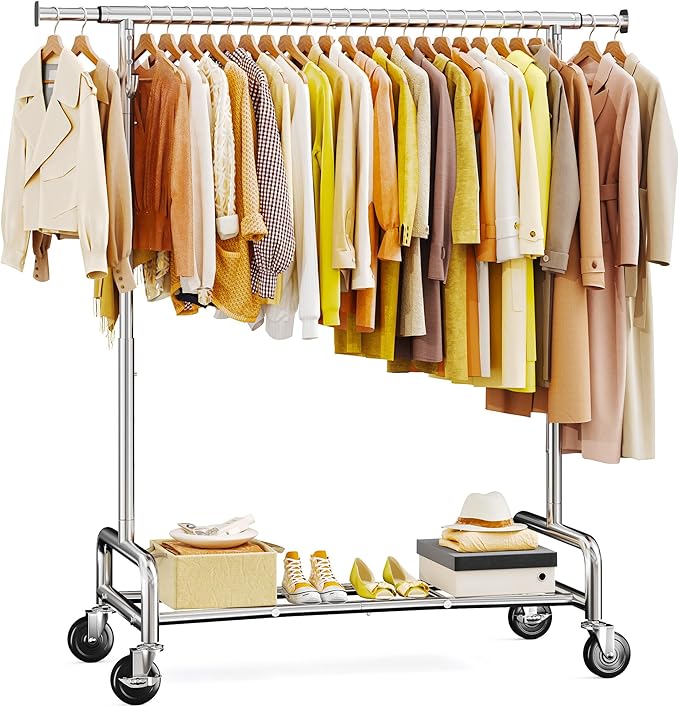 Raybee 75" W Heavy Duty Clothes Rack Load 450 LBS, Metal Garment Storage with Shelf, Lockable Wheels & Anti-Slip Stoppers, Rolling Clothing Rack for Bedroom Laundry Room