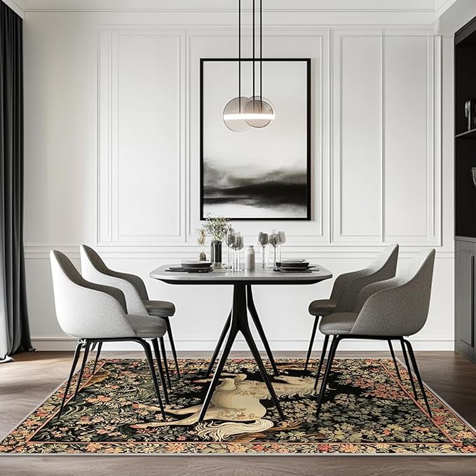 6x9 Unicorn Area Rugs Boho Floral Botanical Rug for Living Room Indoor Soft Non-Slip Thin Vintage Large Carpet Black Rugs for Bedroom Home Decor Under Table Washable Machine