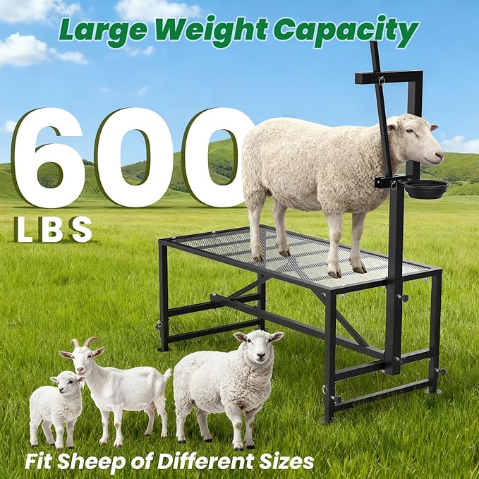 Goat Stand for Milking with Feed Bin, 600LBs Metal Trimming Stand for Sheep Goat with Adjustable Size Goat Milking Stand for Clipping Hooves