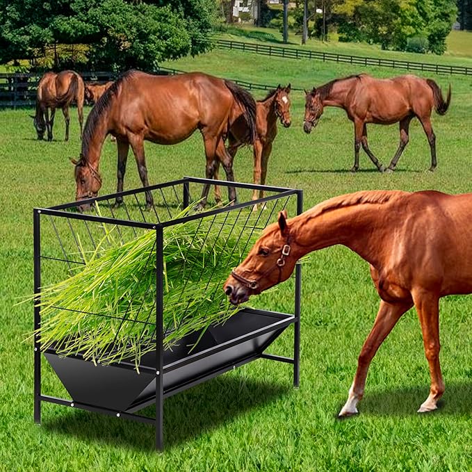 Pasture Hay Feeder 45 Gallon, Heavy-Duty Hay Grain Livestock Feeder with 24 Gallon Feed Pan, Livestock Feeding Trough Quick to Assemble, Feeding Goats, Calves, Cow, Horse for Farms