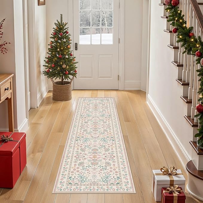 Runner Rug for Hallways Kitchen: 2x6 Washable Area Rug Boho Floral Soft Long Rug - Non-Slip Low Pile Throw Indoor Carpet for Entryway Kitchen Bedroom Laundry Bathroom - Pink