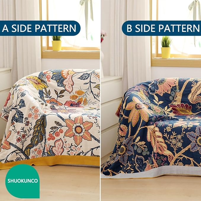 Boho Throw Blanket for Bed 100% Cotton Ultra Soft Rustic Quilt Fall Blanket Bird Floral Printed Farmhouse Decor Bed Blankets,60"×80" All Season Rustic Throw for Sofa Couch Chair