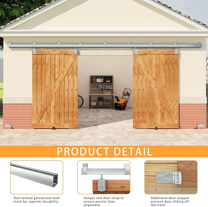 14FT Box Rail Exterior Barn Door Hardware Kit for 2 Doors, Sliding Heavy Duty Barn Door Track, Wall Mount Barn Door Hardware with 9 Track Brackets,Silver(Doors NOT Include)