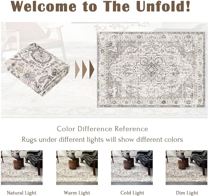 Washable Area Rug 8x10 - Large Cream Boho Rugs for Living Room Soft Vintage Bedroom Rug Ultra-Thin Farmhouse Oriental Distressed Carpet Non Slip Rug for Dining Room Guest Room Home Decor