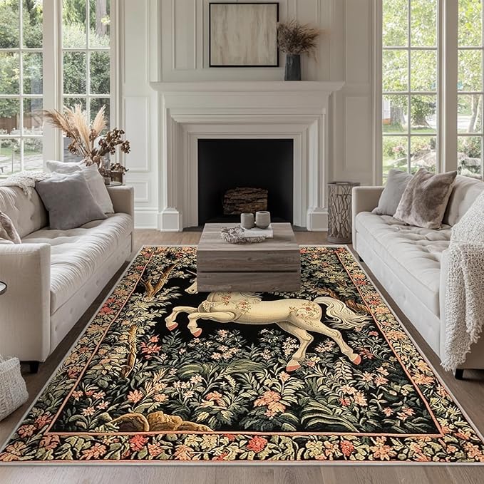 5x7 Unicorn Area Rugs Boho Floral Botanical Rug for Living Room Indoor Soft Non-Slip Thin Vintage Large Carpet Black Rugs for Bedroom Home Decor Under Table Washable Machine