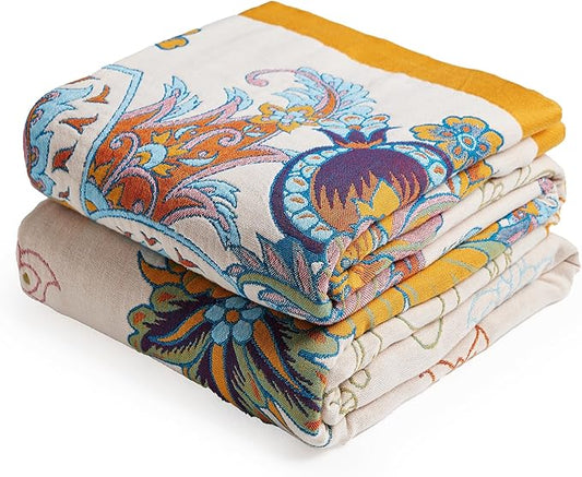 Boho Throw Blanket, 100% Organic Cotton Breathable Skin-Friendly Ultra Soft Bed Quilt Throw - All Season Floral Bird Farmhouse Décor Luxury Blanket for Sofa Couch Chair and Gift. 80" x 90"