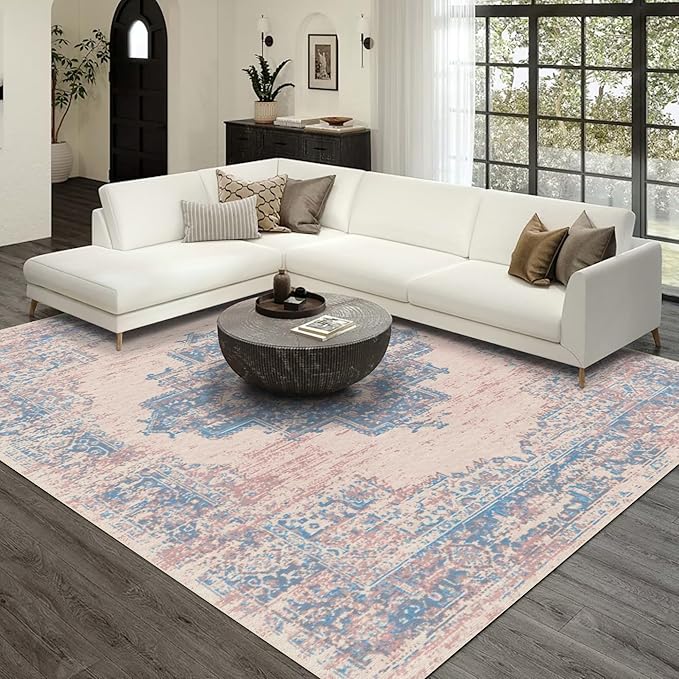 vivorug 9x12 Area Rugs for Living Room, Non Slip Machine Washable Vintage Pink Rug, Ultra-Thin Lightweight Large Area Rug for Bedroom, Dining Room, Low Pile Rug