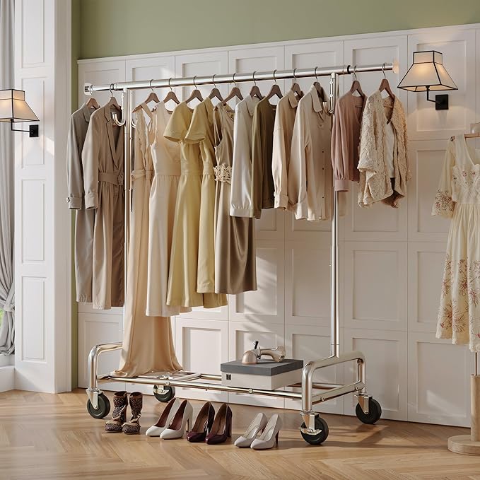 Raybee 75" W Heavy Duty Clothes Rack Load 450 LBS, Metal Garment Storage with Shelf, Lockable Wheels & Anti-Slip Stoppers, Rolling Clothing Rack for Bedroom Laundry Room