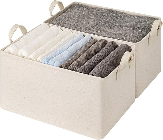 StorageWorks Storage Bins, Shelves Baskets for Organizing, 45L Extra Large Fabric Closet Organizers with Handles, Metal Frame, Beige（Cotton-linen）, 2-Pack