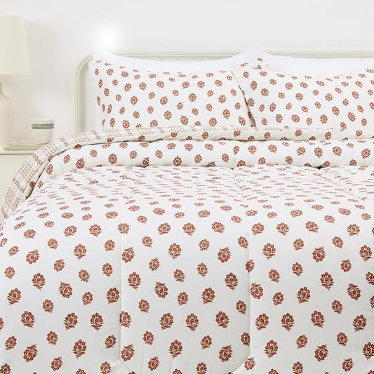 Amazon Basics Lightweight Microfiber Comforter Sets, 3-Pieces, Off White, Floral, Full/Queen