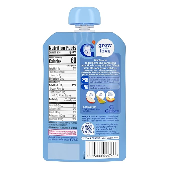 Gerber Stage 2 Baby Food, Apple Pear Peach Puree Pouch, Baby Food, 2 Servings of Fruit, No Added Sweetener, No Artificial Colors or Flavors, 12-Pack