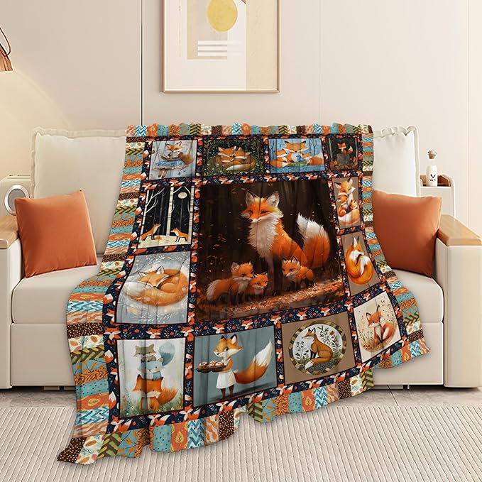 Fox Blanket, Foxes Throw Blanket, Cute Animal Gifts Blankets Stuff Fleece Flannel Plush for Girls Women Men Boys Lovers Adults Soft Bedding Gift for Sofa Bed Office Home Decor 60"x50"