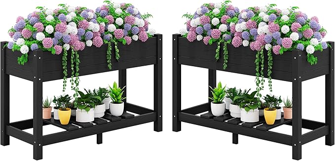 SERWALL Raised Garden Bed Set of 2, HDPE Raised Bed for Gardening All Weather Use- Black