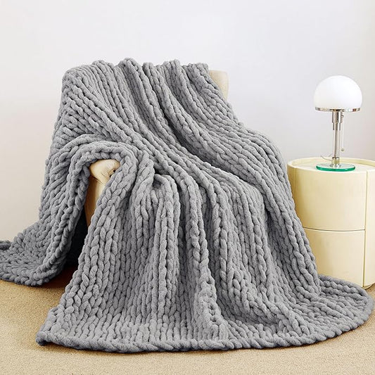 Admitrack Chunky Knit Blanket Throw, 100% Hand Knit Chenille Throw Blanket for Sofa & Home Decor, Soft and Cozy Knitted Throw Blankets (Dark Gray，51"x63")