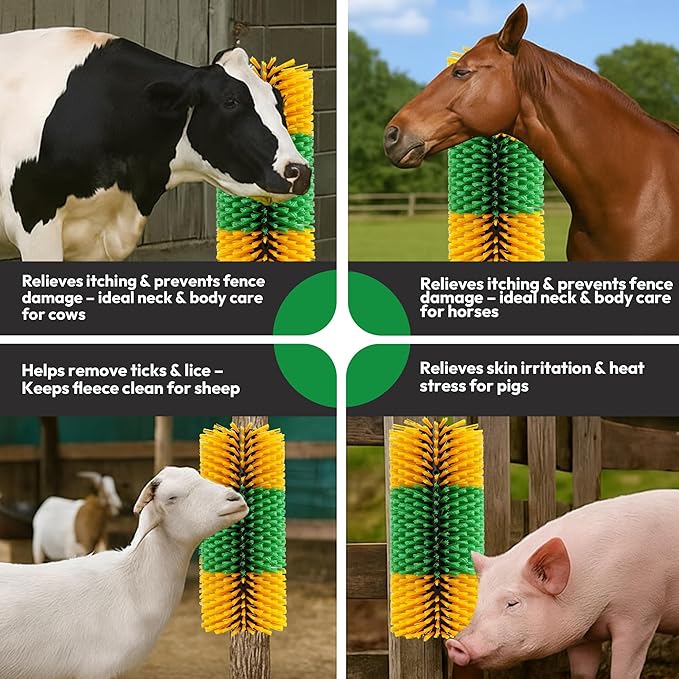 2PCS Livestock Scratching Brushes for Cattle Goats Horses Pigs and Sheep – Durable Farm Back Scratcher with Firm PP Bristles for Grooming and Massage – Easy Mount with 8 Screws