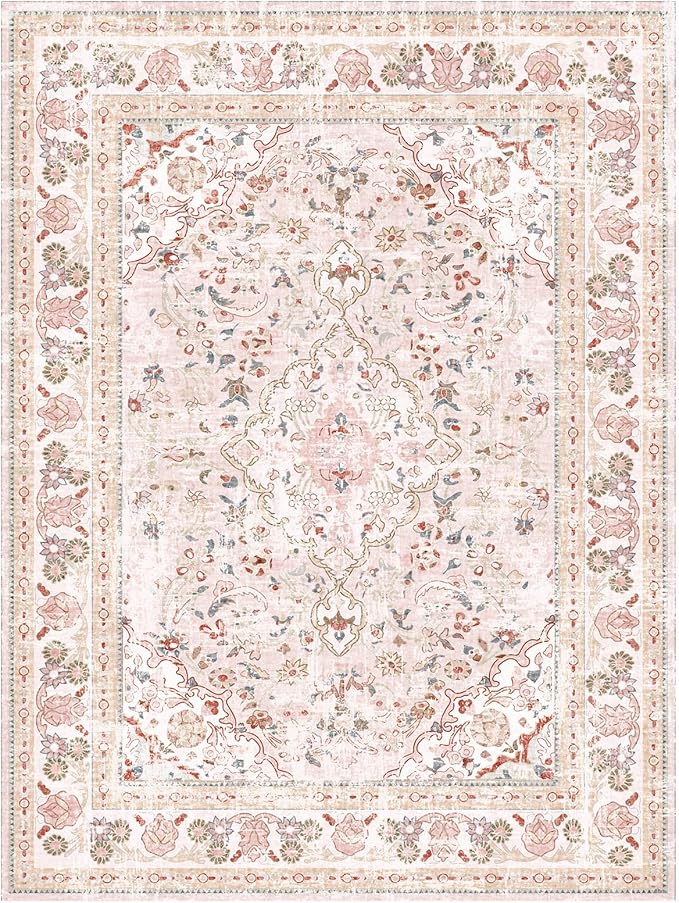 Vhong Pink Area Rugs Washable Boho Vintage Modern Neutral Large Carpet 5×7 High Traffic Rugs for Dinning Room Living Room Bedroom Girls' Room Nursery Room Non Slip