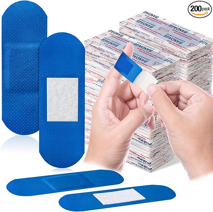 Geiserailie Blue Bandages 3 ''x 1'' Food Service Metal Detectable PE Waterproof Adhesive Bandages Bulk Sterile Processing Non Stick Pad Latex Free for First Aid & Wound Care Protection(200 Pcs)