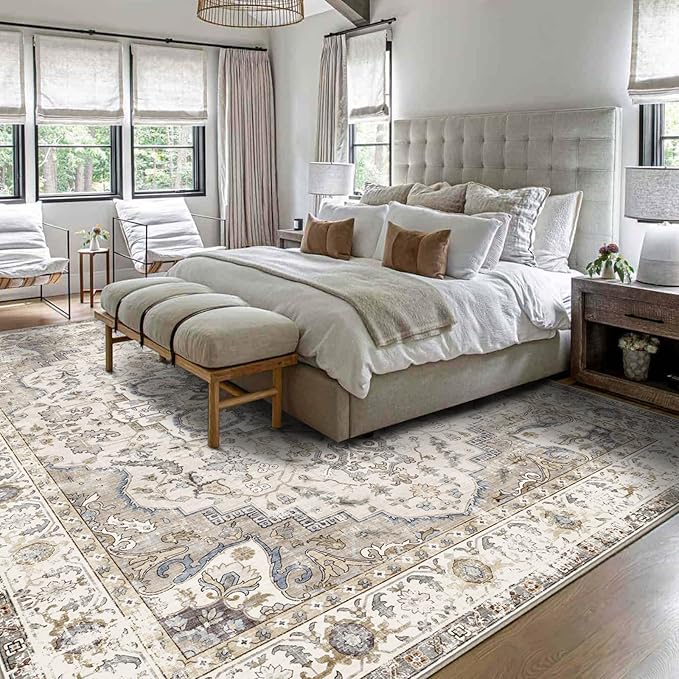 Washable Area Rug 8x10 - Large Cream Boho Rugs for Living Room Soft Vintage Bedroom Rug Ultra-Thin Farmhouse Oriental Distressed Carpet Non Slip Rug for Dining Room Guest Room Home Decor