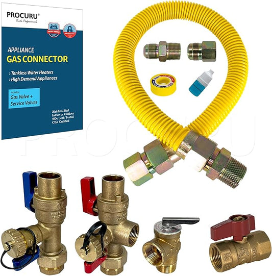 PROCURU 1" OD x 18" (1.5Ft) x 3/4"MIP x 3/4"FIP Flexible Gas Connector Kit, with Gas Valve and Service Valve Kit (Sweat), WP Stainless Steel Tubing for Tankless Water Heater (Blue-E2 Series)