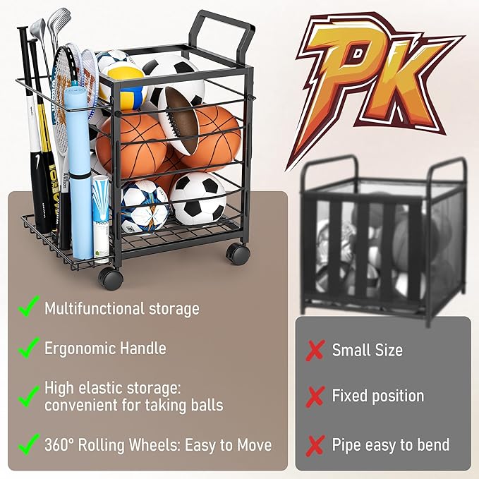 Sports Equipment Garage Organizer,Garage Ball Storage Rack for Sports with Wheels-Upgraded 3 Layers Organizer Rack Outdoor Basketball Racks for Balls with Holder and Hooks (Dark Black)