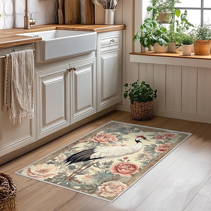 2x3 Crane Area Rugs Boho Japanese Crane Floral Rug for Bathroom Kitchen Entryway Indoor Soft Non-Slip Thin Hippie Carpet Small Beige Doormat for Office Dining Room Under Table Washable Machine