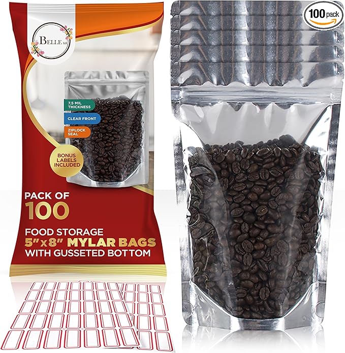 BELLE KR® 5x8 Mylar Bags with Window Stand Up - Pack Of 100, 7.5mil Thick - Clear Front Pint Mylar Bags for Food Storage and Freeze Dried Candy - Bonus Labels Included