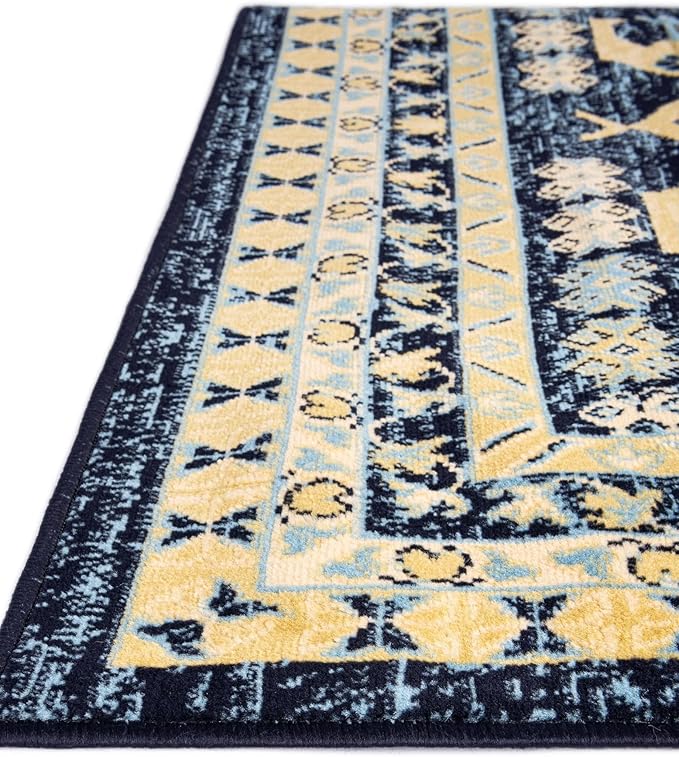 Unique Loom Taftan Collection Border Geometric Tribal Inspired Design Area Rug (2' 7 x 10' 0 Runner, Navy Blue/ Gold)