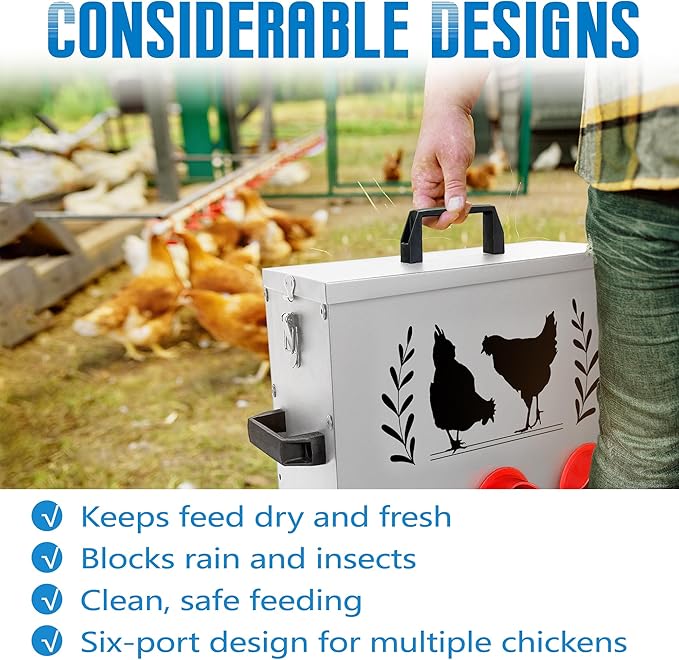 Chicken Feeders, 30 lb Capacity 6 Port Automatic Chicken Feeder, Metal Chick Feeder with Locking Lid and Legs, Chicken Feeder for Chickens, Ducks, Geese，Silver