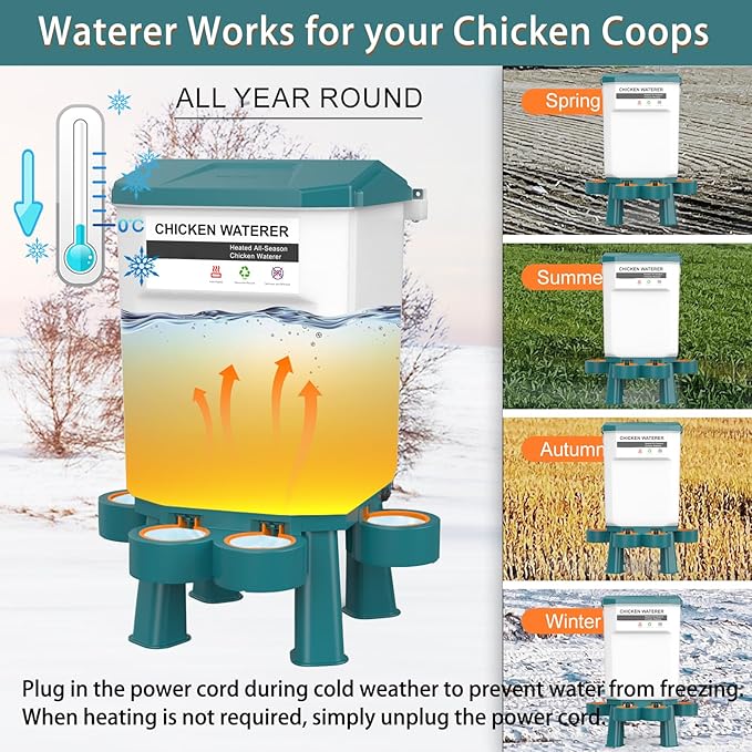 Heated Chicken Waterer, Plastic Chicken Water Heater, Anti-Freeze Heated Poultry Drinker with 4 Cups, Winter and Summer Dual-use, Poultry Water Heater for Chickens, Ducks, Geese - Green 7L