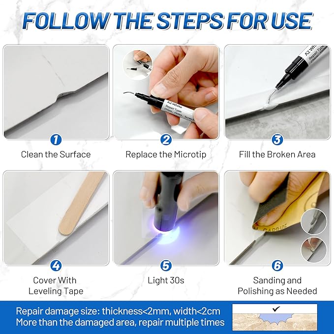 Quartz Countertop Repair Kit (Clear, White, Gray, Beige) 30s Fast Curing DIY Fix Luxury Stone, Granite Marble Acrylic Porcelain Fiberglass Quartz Countertop Chip Repair Kit for Cracks Holes Scratches