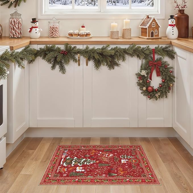 Christmas Entryway Area Rug: 2x3 Washable Neutral Modern Non-Slip Low Pile Festive Carpet for Entrance Kitchen Front Door Mat Kids Room Indoor Entry Holiday Decor - Red