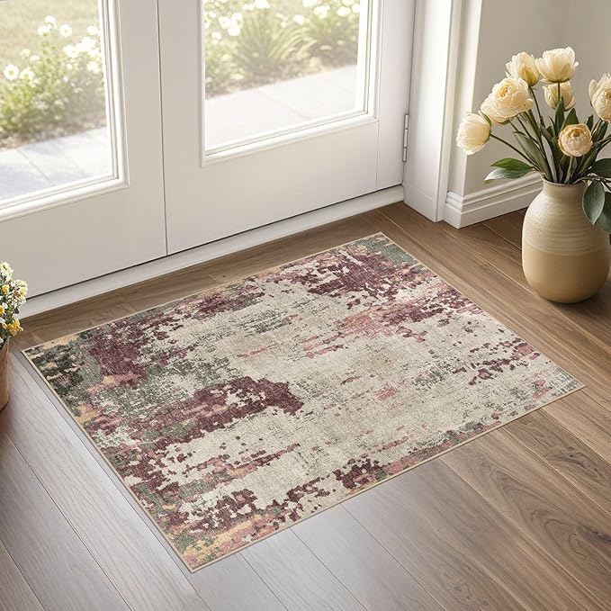 2x3 Entryway Area Rug: Washable Neutral Modern Abstract Small Rug - Non-Slip Low Pile Throw Indoor Carpet for Entrance Kitchen Front Door Mat Bathroom Entry Kids Room - Purple/Green/Beige