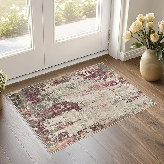 2x3 Entryway Area Rug: Washable Neutral Modern Abstract Small Rug - Non-Slip Low Pile Throw Indoor Carpet for Entrance Kitchen Front Door Mat Bathroom Entry Kids Room - Purple/Green/Beige