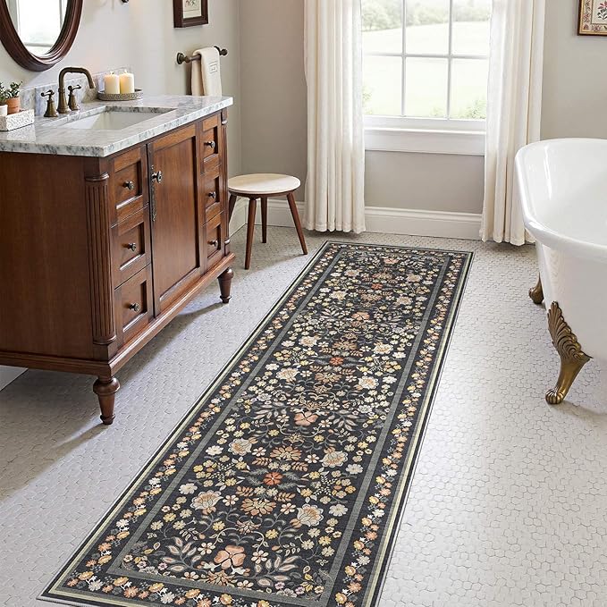 Runner Rug for Hallways Kitchen: 2x6 Washable Area Rug Boho Floral Soft Long Rug - Non-Slip Low Pile Throw Indoor Carpet for Entryway Kitchen Bedroom Laundry Bathroom - Black Grey